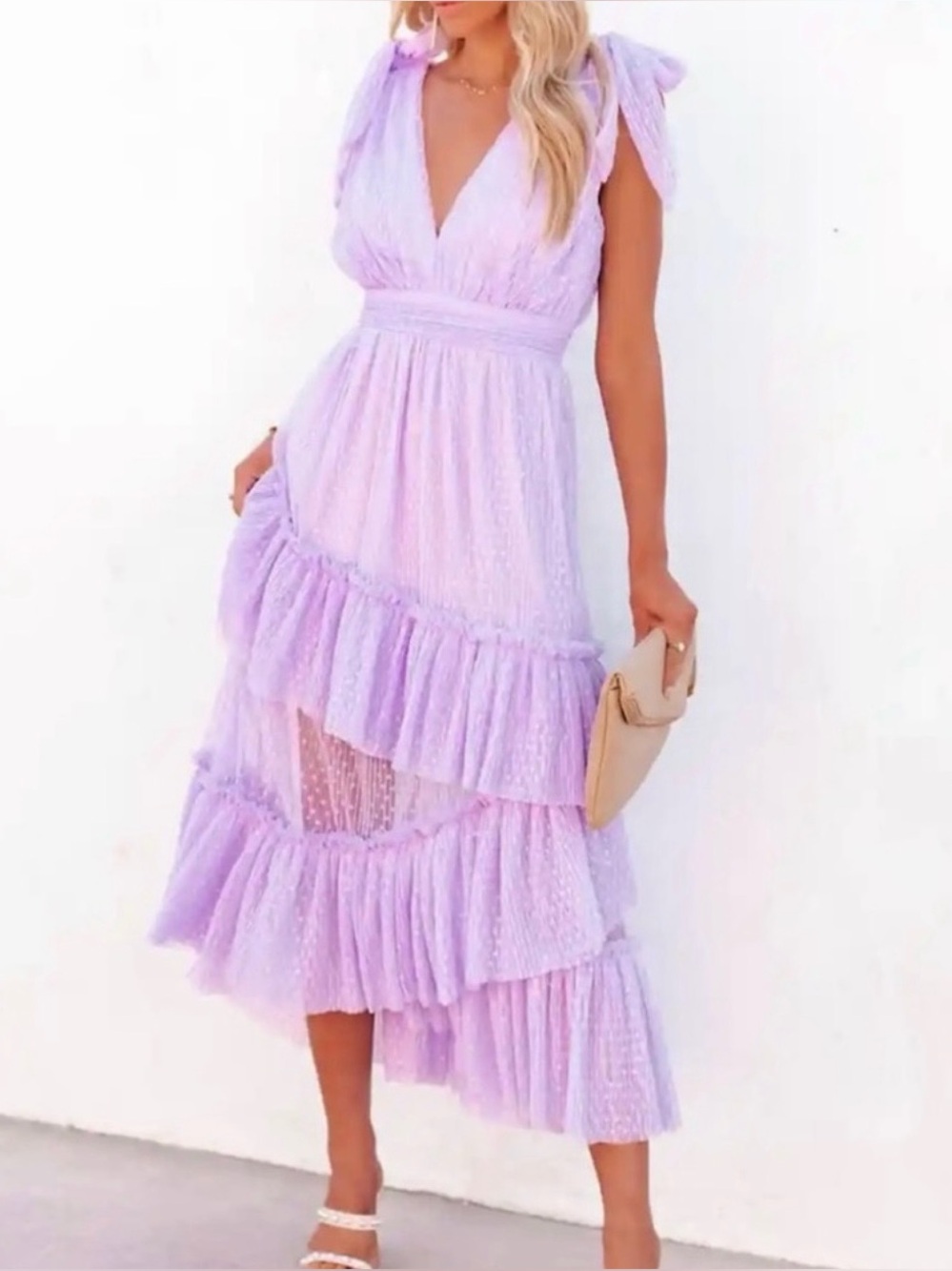 Vici Asymmetric Skirt Tie Strap Polka Dot Tie Back Detail Midi Dress Lavender S